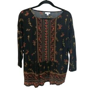 J Jill Top Womens M Boho Floral Tunic 3/4 Sleeve Boat Neck Lightweight Peasant